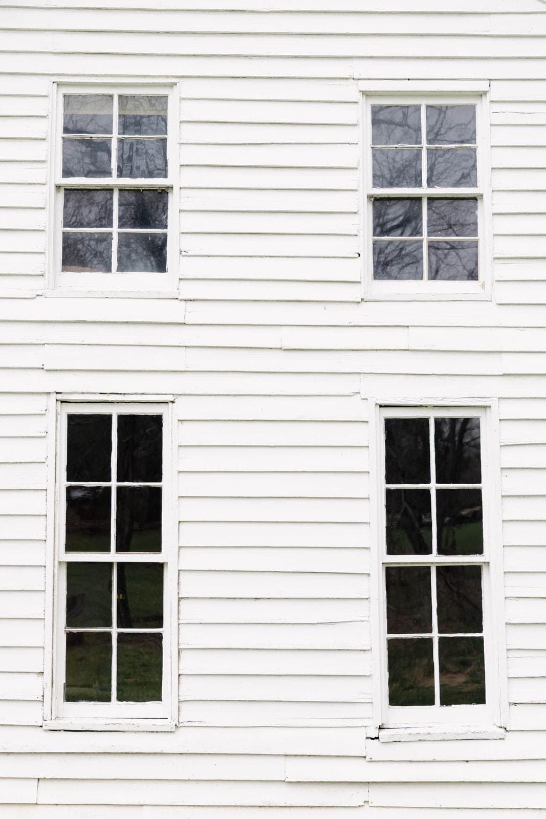 White hung windows on white lap siding